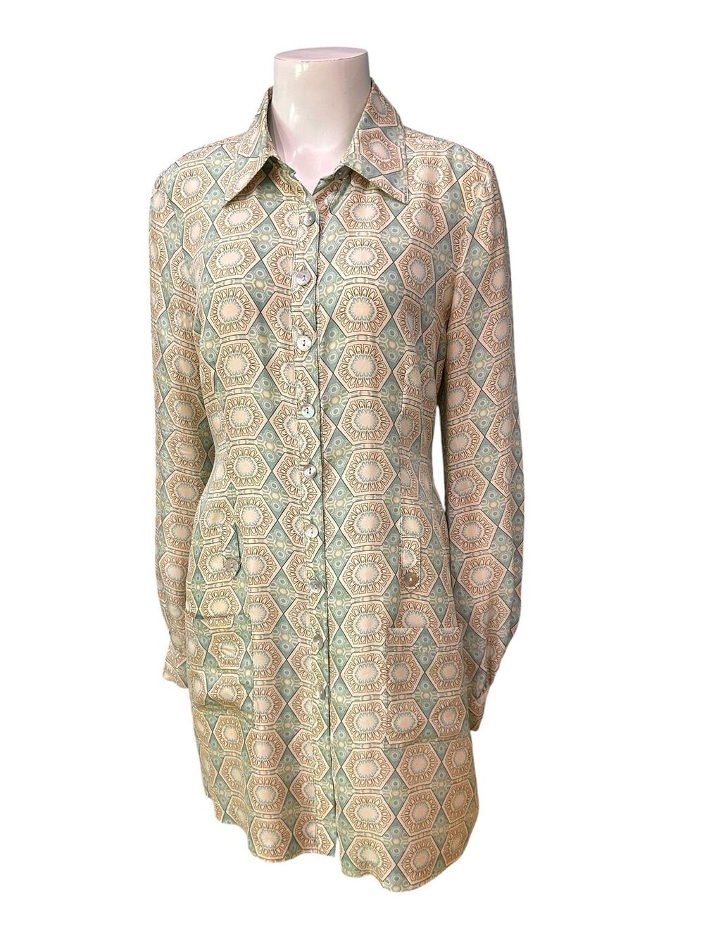 100% Silk Mini Shirt Dress Geometric Print Lightweight Sheer To The Max size 6 -